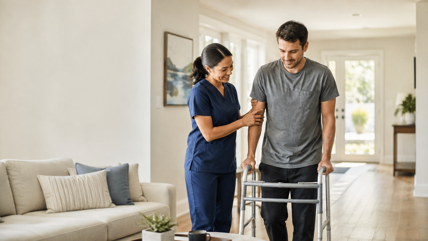 Infirmière accompagnant un patient à son domicile